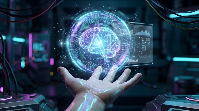 Hand Holding Glowing AI Sphere Symbolizing Artificial Intelligence Power and Future Technology