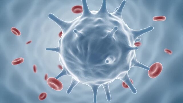 White blood cell phagocytosing and destroying coronavirus