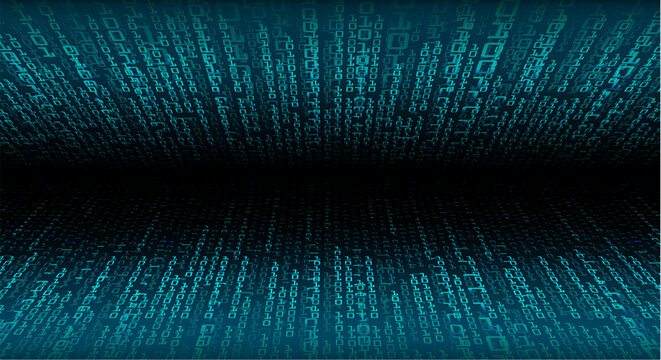 Digital tunnel of blue code data streams flowing into the distance with a dark background and futuristic ambiance