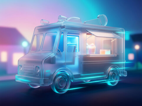 Transparent futuristic hologram of an electric delivery van driving through a smart city at night. This digital twin concept represents modern urban logistics and automated commercial transportation.