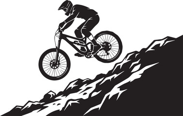 Obraz premium Mountain biker riding bike down steep rocky hill with mountains