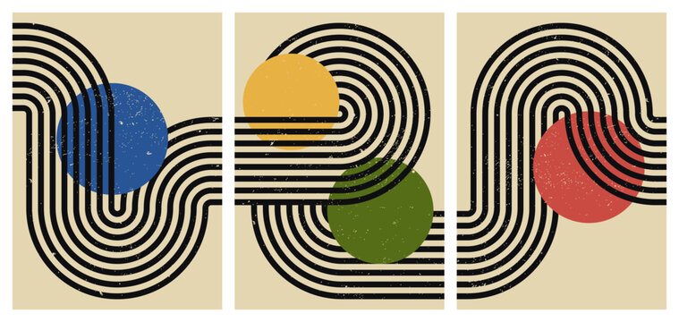 Abstract minimalist wall art triptych. Retro 70s Bauhaus mid-century poster with bold black stripe line and grunge texture