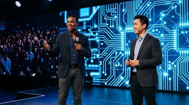 Man presenting ideas on stage with futuristic digital screen
