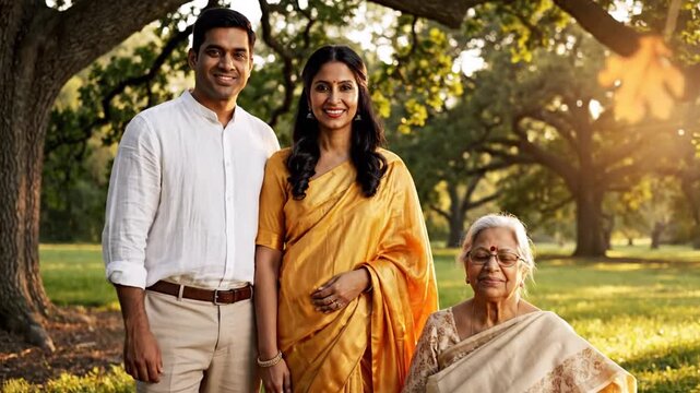 Happy multi-generational Indian family smiling in park at sunset