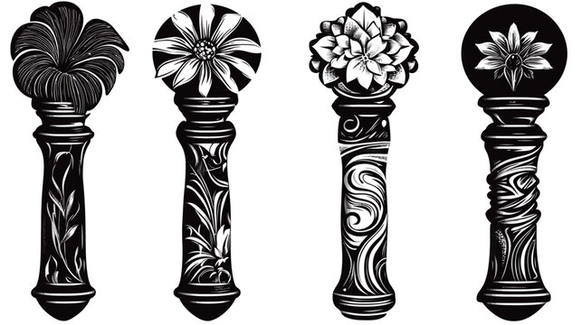 Four stylized pillars with floral and ornamental designs, in a black and white illustration