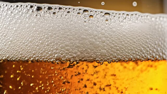 Closeup Macro Shot of Beer Bubbles Rising in a Glass with Frothy Head.
