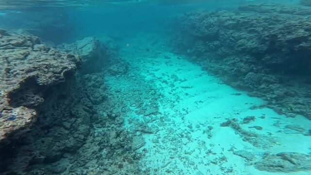 水中撮影：透明度の高い美しい白砂と岩場の海底（水路）を前進する探検風景
