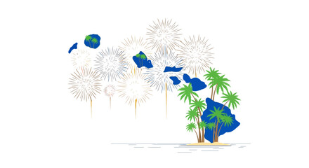 Tropical Hawaii map vector illustration with palm trees and fireworks, blue island silhouettes on white background, festive vacation and travel concept © FATEMA