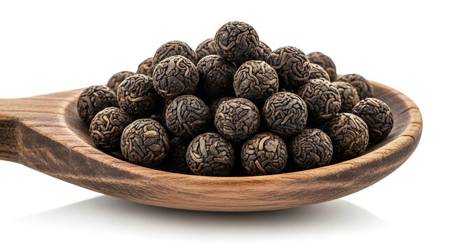 Freshly harvested black tea leaves in wooden bowl on white background. ctc tea