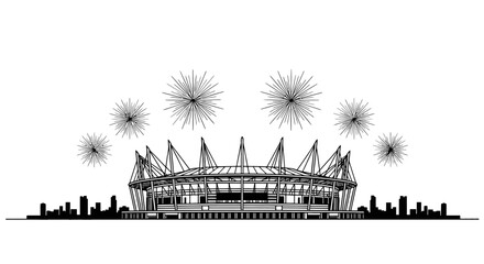 Modern football stadium silhouette with fireworks, black and white arena vector illustration, sports complex and city skyline background © FATEMA