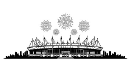 Modern sports stadium silhouette with fireworks, black and white arena vector illustration, urban city skyline and championship stadium icon © FATEMA