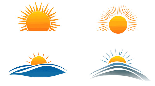 Four stylized depictions of the sun, with rays or rising above waves, in varying designs and gradients