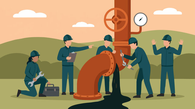 Oil pipeline leak causing environmental pollution, workers responding