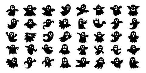 Fototapeta premium Ghost silhouettes spooky collection of cute cartoon ghosts with varying poses for Halloween party design
