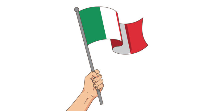 Italian flag waving on flagpole held by hand, green white and red national tricolor banner, hand holding Italy flag vector illustration