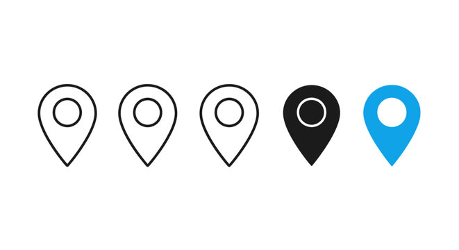 Five location pin icons in a row, showing a progression from outlined to filled and colored