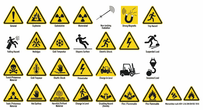 Collection of Safety Warning Signs for Workplace Hazards and Precautions