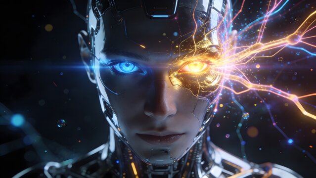 Futuristic AI Humanoid Head with Neon Neural Network and Heterochromia Eyes