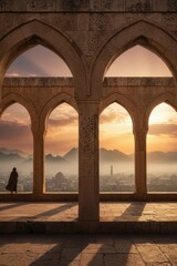 Fototapeta premium Stone arched portico with pointed arches framing a silhouette of a person looking at a city sunset for travel advertising, heritage editorial and architectural design