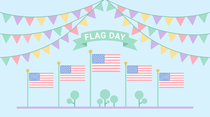 Obraz premium Pastel Illustration for Flag Day celebration featuring American flags on poles with colorful bunting garlands and a decorative green ribbon banner on a light blue background.
