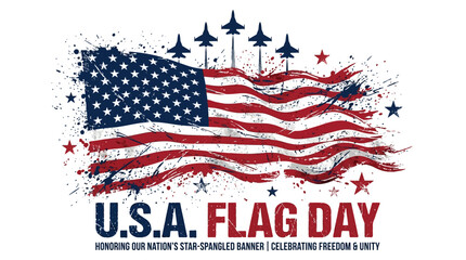 Artistic U.S.A. Flag Day Banner with Distressed American Flag and Military Fighter Jets. Celebrating Patriotism, Freedom, and Unity with Star-Spangled Banner Splatter Art on White Background. © Ayong
