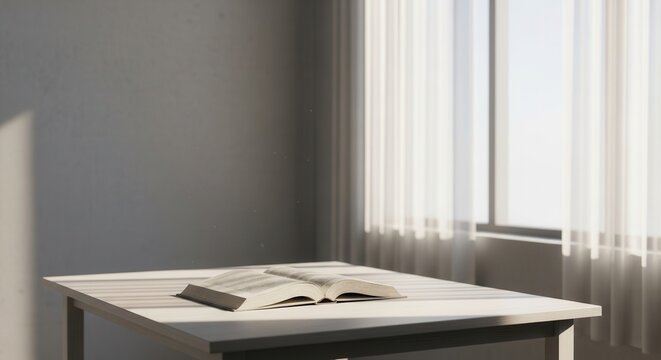 Open book and pen on a desk near a window with vertical blinds letting in light.