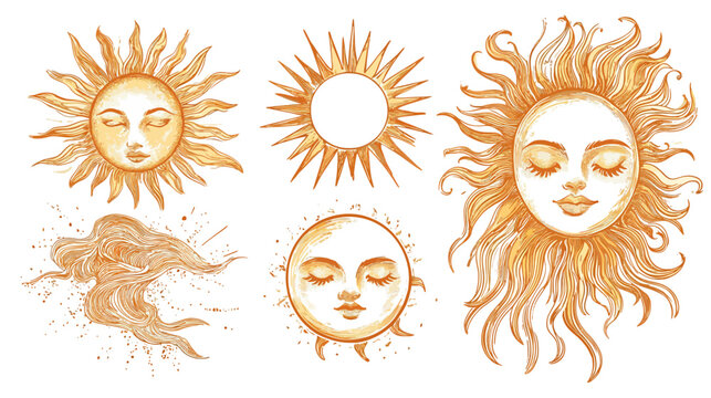 Collection of stylized watercolor sun illustrations, faces with closed eyes, radiating warmth
