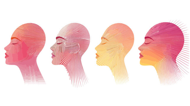 A set of four profile views of women's faces, stylized with line art and gradients