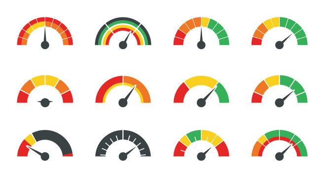 Speedometer gauge icon set, 12 colorful dashboard meter vectors, performance indicator dials for business analytics and credit score tracking