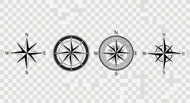 Vintage nautical compass rose collection, set of 4 black wind rose icons, antique maritime navigation symbols for maps and travel design