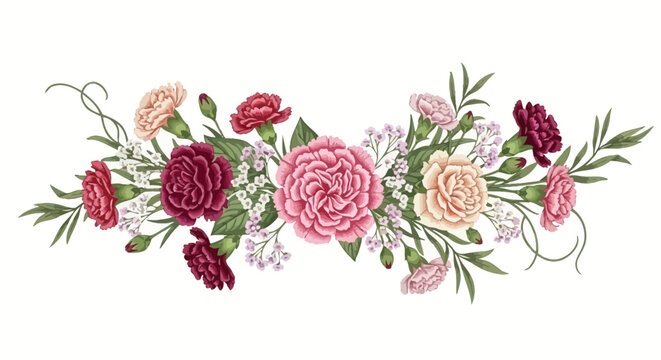 Vintage carnation flower border vector, elegant floral bouquet arrangement with pink and burgundy blossoms, botanical garden header for wedding invitations