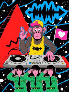 Cosmic Beats: DJ Monkey Spinning Tunes with Retro Military Fans