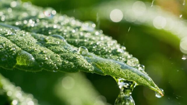 Close-up of Raindrops on a Green Leaf, Water Droplets Falling - Nature Macro Photography