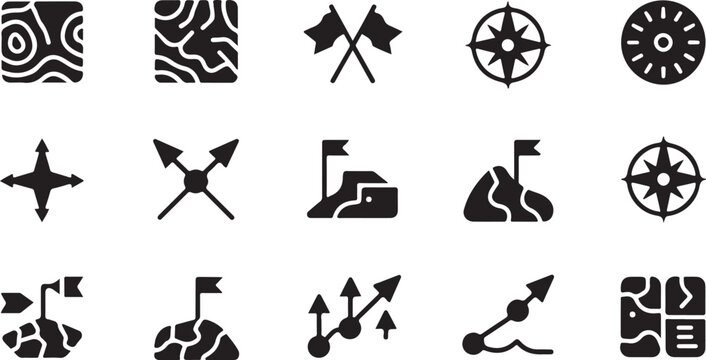 A collection of black vector graphic icons depicting various navigation map elements compasses mountain peaks and strategic direction markers for modern digital interface design projects