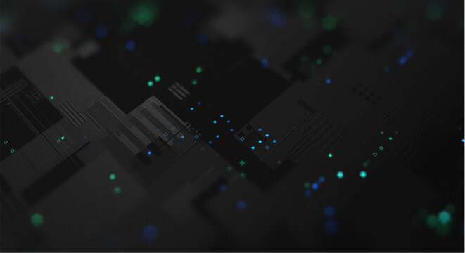 Dark circuit board background with blue and green lights abstract technology concept with glowing dots