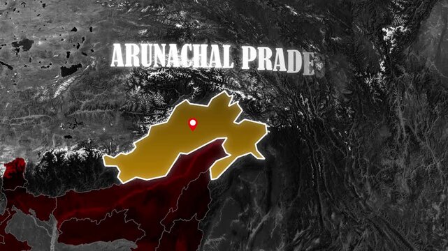 Arunachal Pradesh State Map Highlight Animation on India Geographic Background Featuring Political Boundaries, Regional Location Identification, Cartography Visualization, Educational Presentation, an