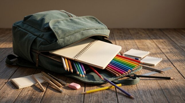 Open backpack with school supplies on a rustic wooden table
