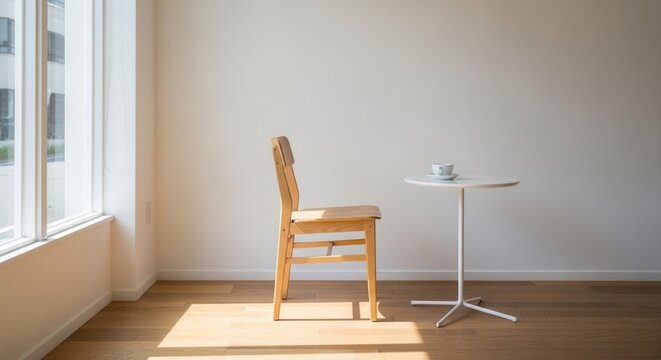 Minimalist wooden chair and small table in a sunlit empty room.