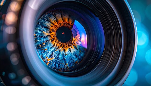 A detailed close-up of a blue eye with orange and yellow reflections