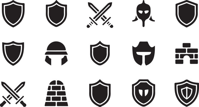 A collection of black vector graphic icons depicting medieval shields swords helmets and brick walls for historical game design projects presented on a clean white background
