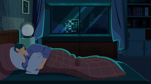 Person having trouble sleeping at night tossing and turning in dark room