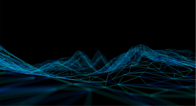 Glowing blue network connections wave form on dark background representing data visualization and technology