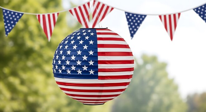 Patriotic 4th of july decorations with american flag balloons and bunting