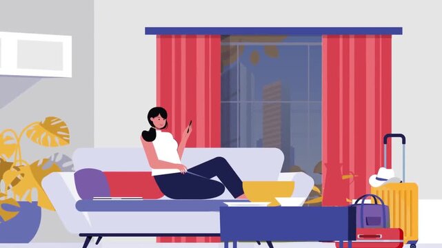 Woman relaxing on living room sofa with luggage packing for travel trip