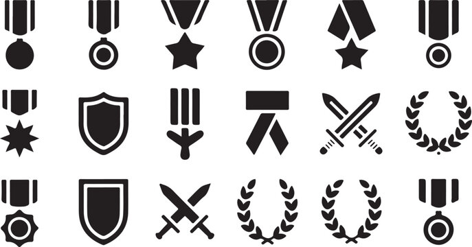 A diverse collection of black vector medal icons featuring shields swords laurel wreaths and ribbons designed for professional user interface web and mobile application graphic projects