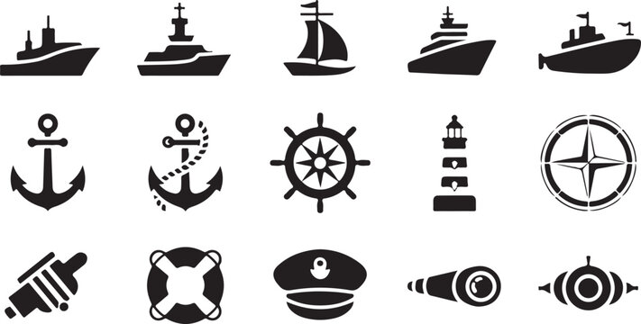 A collection of black vector graphic icons depicting various nautical maritime elements like ships anchors steering wheels lighthouses compasses lifebuoys and captain hats for modern design
