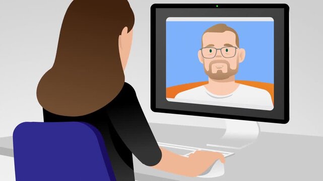 Business woman conducting online video conference call with man on computer