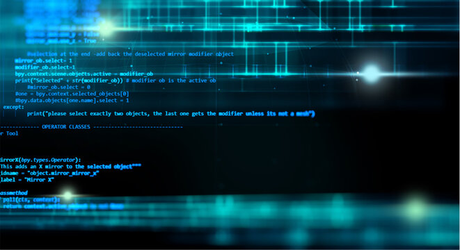 Glowing blue computer code on a dark background with futuristic grid lines and neon lights