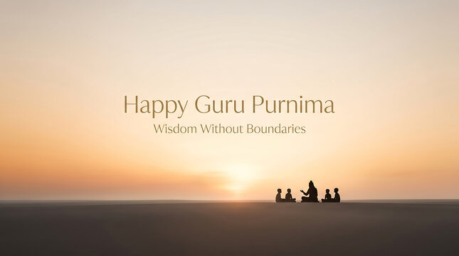 Serene sunset scene with silhouetted guru and disciples celebrating guru purnima emphasizing wisdom and spiritual connection in calm open environment