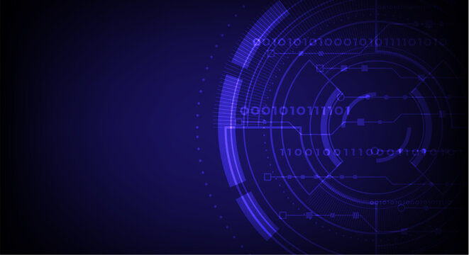 Futuristic blue circuit board design with binary code on dark background for tech and innovation concepts